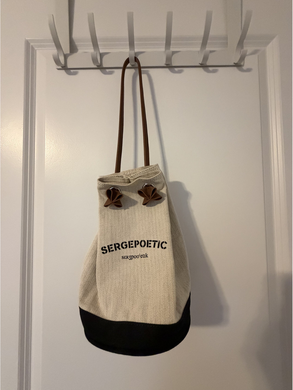 Sergepoetic Beige and Black Canvas Bucket Bag with Brown Leather Straps